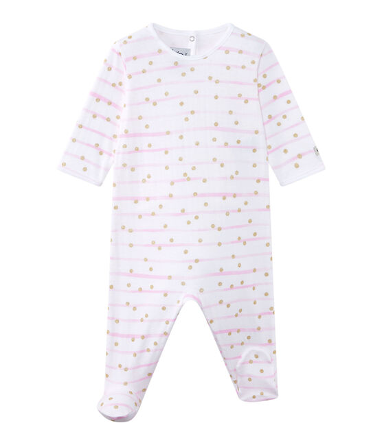 Gestreifter Baby-Mädchen-Strampler aus gedoppeltem Jersey weiss ECUME/rosa ROSE/ OR