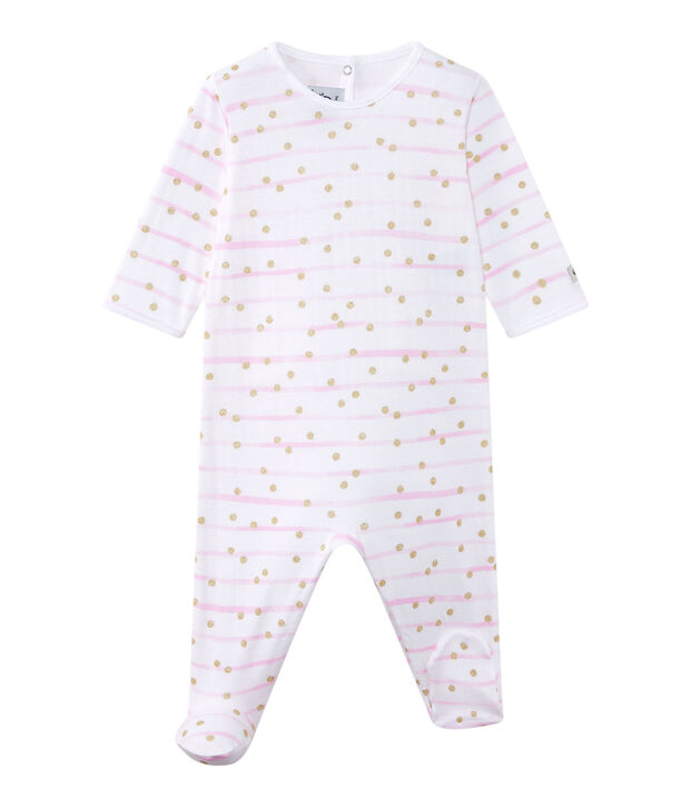 Gestreifter Baby-M&auml;dchen-Strampler aus gedoppeltem Jersey weiss/rosa/gelb