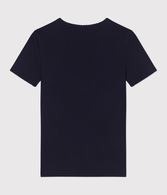 Damen-T-Shirt L’ICONIQUE aus einfarbiger Baumwolle mit Pikotkante blau SMOKING