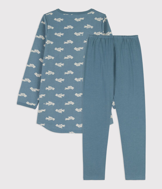 Kinder-Nachthemd und -Leggings aus Molton und Baumwolle mit Vogelmotiv für Mädchen blau ROVER/weiss MARSHMALLOW