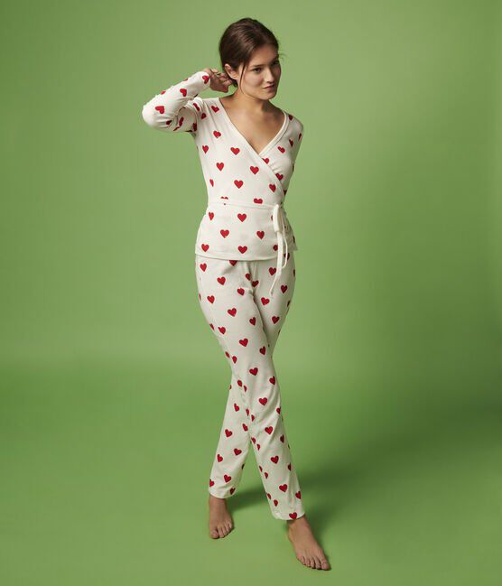Homewear-Hose aus Baumwolle mit Herzprint Damen weiss MARSHMALLOW/rot TERKUIT