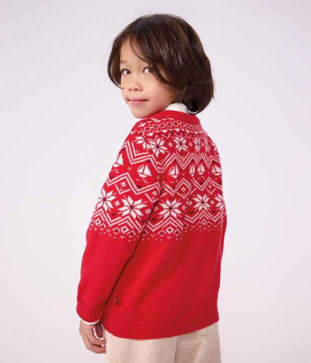 Kinder-Jacquardpullover aus Wolle und Baumwolle rot/vielfarbig