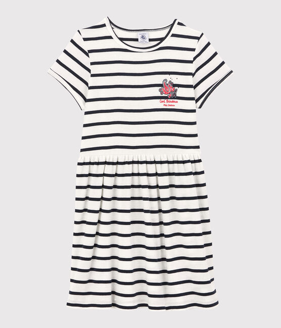 Kurzärmeliges Kleid aus Bio-Baumwolle für Mädchen weiss MARSHMALLOW/blau SMOKING