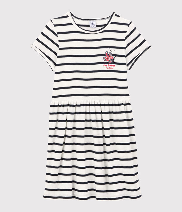 Kurz&auml;rmeliges Kleid aus Bio-Baumwolle f&uuml;r M&auml;dchen weiss/blau