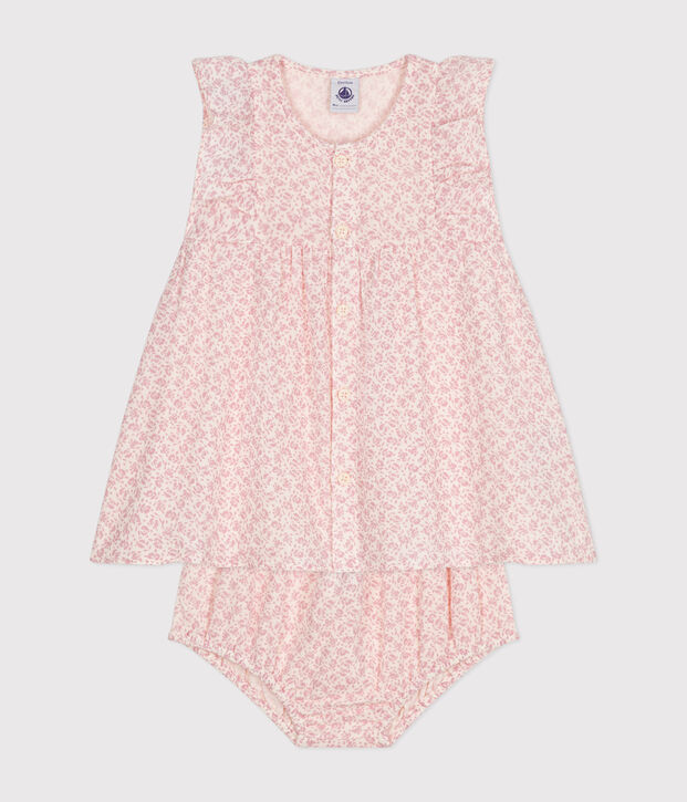Kurz&auml;rmeliges Babykleid mit Bloomers aus Musselin naturfarben/rosa