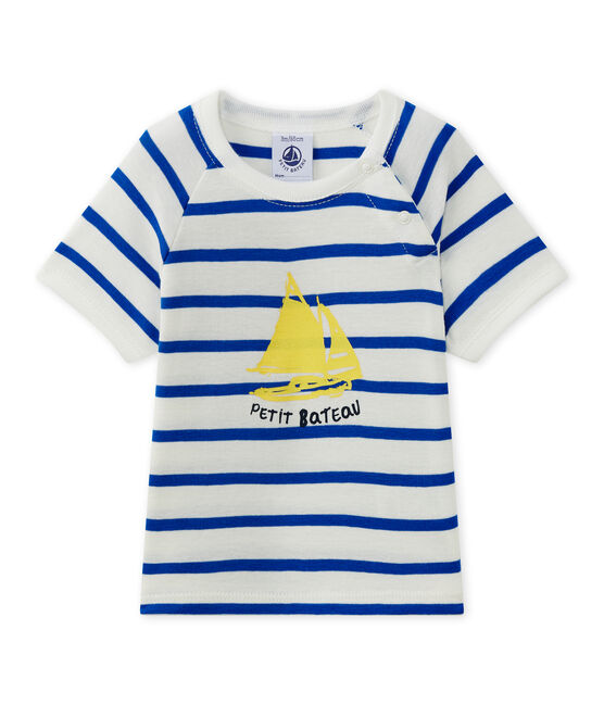 Baby-Jungen-Kurzarmshirt weiss MARSHMALLOW/blau PERSE