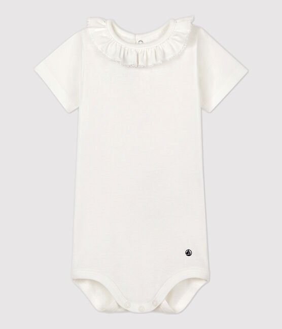Kurzärmeliger Baby-Body mit Halskrause weiss MARSHMALLOW
