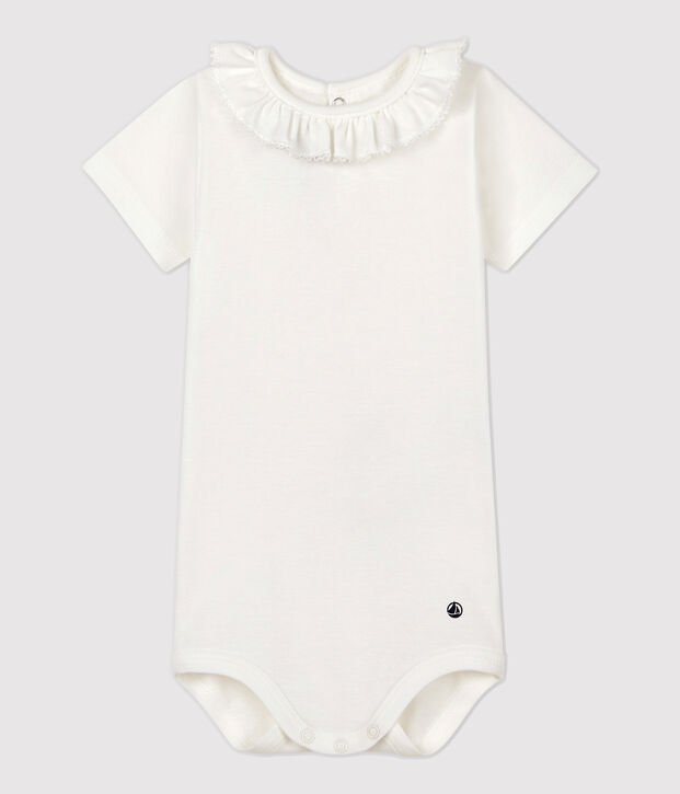 Kurz&auml;rmeliger Baby-Body mit Halskrause weiss
