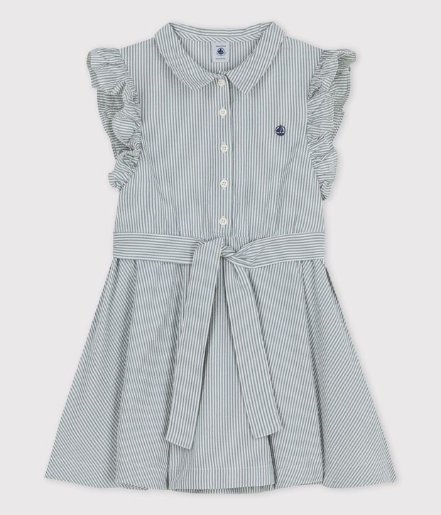&Auml;rmelloses Kinder-Kleid aus Bio-Seersucker f&uuml;r M&auml;dchen gr&uuml;n/weiss