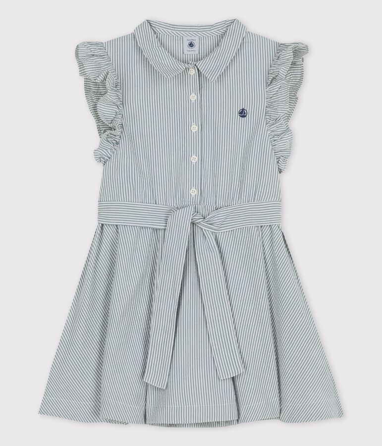 &Auml;rmelloses Kinder-Kleid aus Bio-Seersucker f&uuml;r M&auml;dchen blau BRUT/weiss MARSHMALLOW
