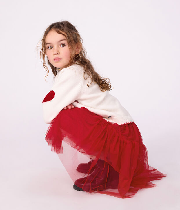 Kinder-Cardigan aus Wolle und Baumwolle mit Muster weiss/rot
