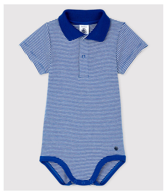 Kurzärmeliger Baby-Body mit Polo-Kragen aus Baumwolle für Jungen blau SURF/weiss MARSHMALLOW