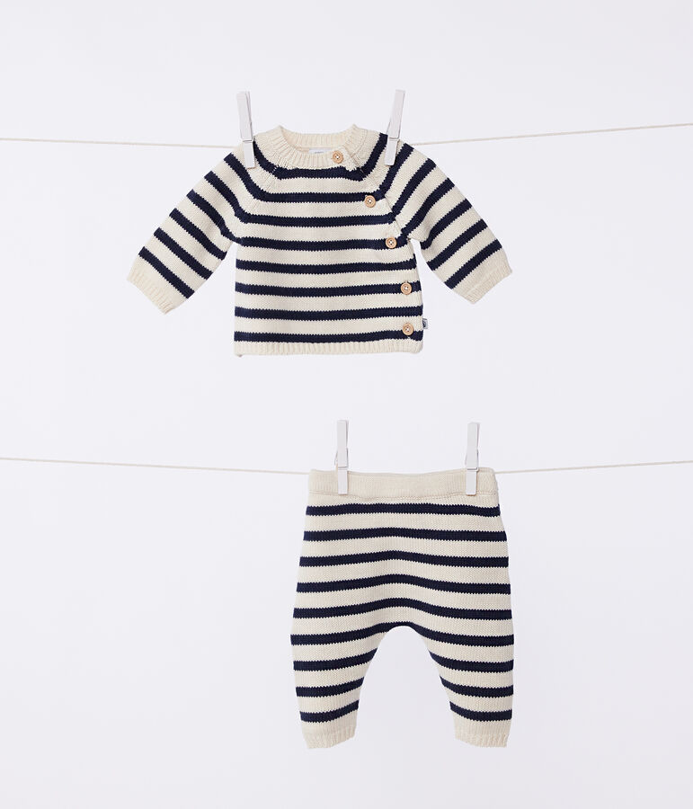 Baby-Set aus Woll- und Baumwoll-Strick mit Marinestreifen naturfarben/blau