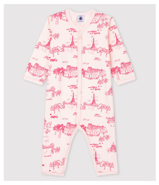 Fußloser, rosafarbener Strampler aus Baumwolle mit Toile-de-Jouy-Muster rosa FLEUR/rosa GROSEILLER