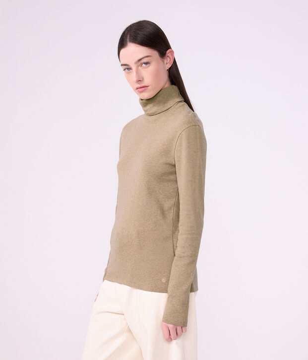 Damen-Rollkragenshirt aus einfarbiger Baumwolle beige