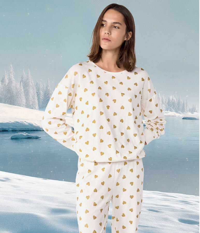 Damen-Pyjama aus Baumwolle mit goldfarbenen Herzen naturfarben/gelb