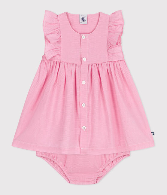 Ärmelloses Baby-Kleid aus leichter Baumwolle und Bloomer mit Vichy-Muster weiss ECUME/ PETAL