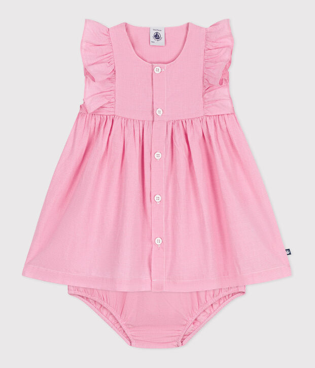 &Auml;rmelloses Baby-Kleid aus leichter Baumwolle und Bloomer mit Vichy-Muster weiss/rosa