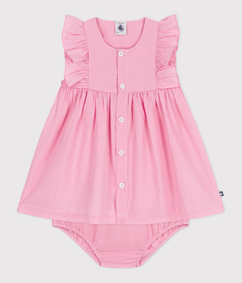 &Auml;rmelloses Baby-Kleid aus leichter Baumwolle und Bloomer mit Vichy-Muster weiss/rosa