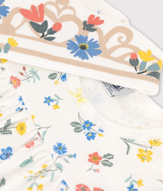 Kurzärmeliges Mädchen-Nachthemd aus Baumwolle mit Blumenmotiven weiss MARSHMALLOW/weiss MULTICO