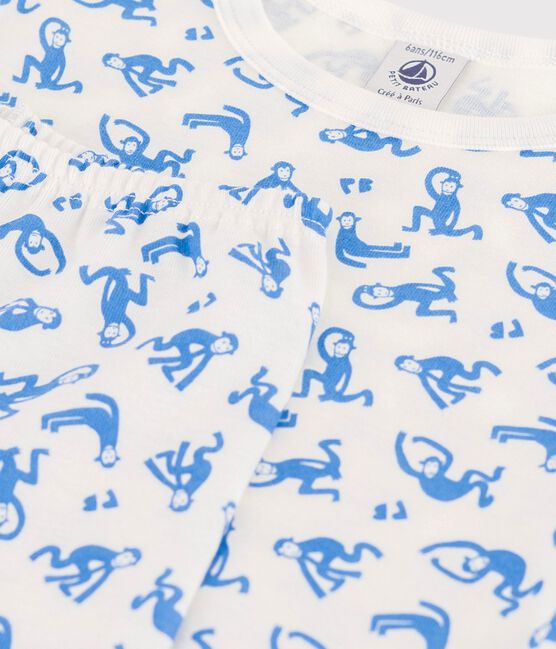 Kurzärmeliger Kinderpyjama aus Baumwolle mit Äffchen für Jungen weiss MARSHMALLOW/blau BRASIER