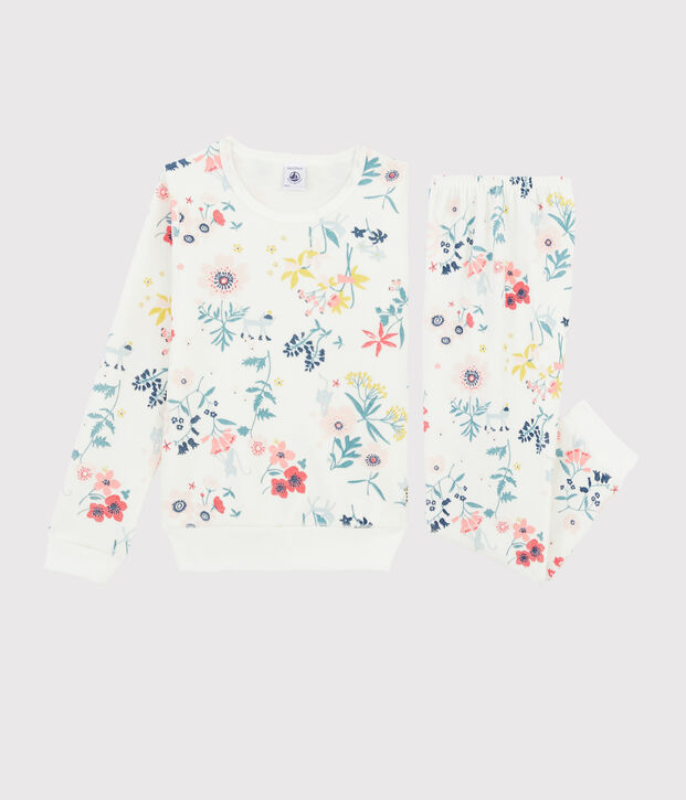 Kinderpyjama aus Nicki mit Blumenaufdruck f&uuml;r M&auml;dchen weiss/vielfarbig