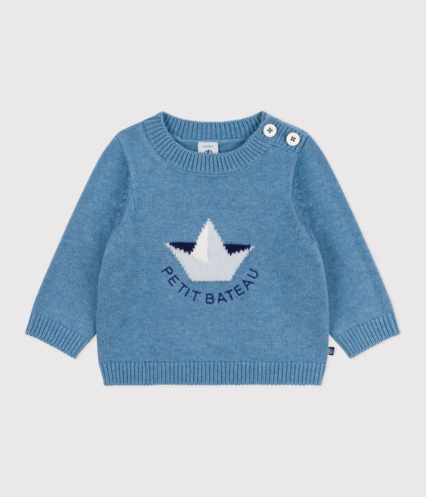 Baby-Pullover aus Wolle und Baumwolle mit Schiff-Motiv blau/vielfarbig
