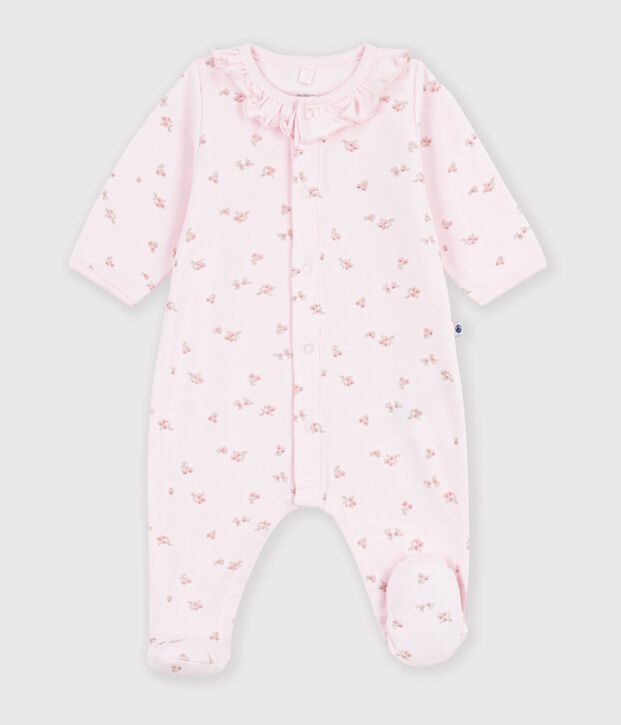 Strampler aus Nicki mit Kragen und Blumenmuster rosa/vielfarbig