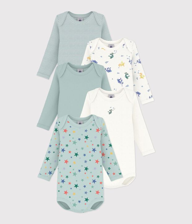 Set lang&auml;rmeliger Baby-Bodys aus Baumwolle mit Drachenmotiv vielfarbig