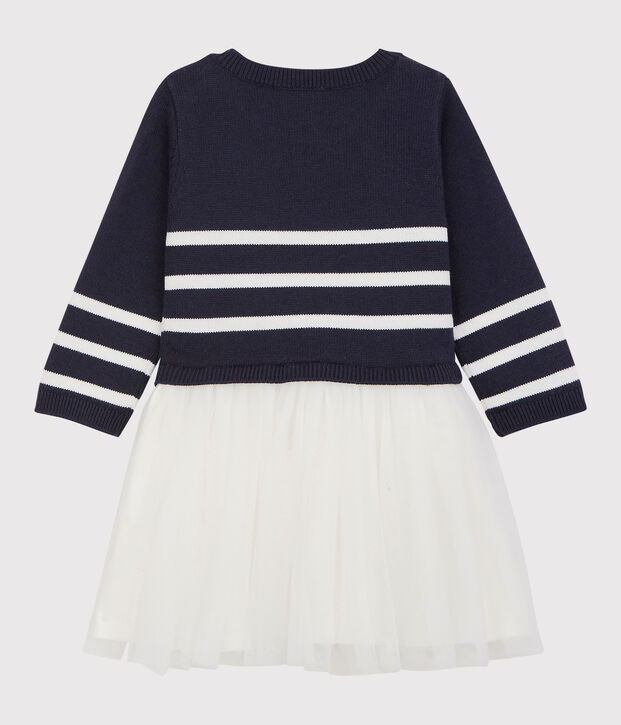 Baby-Kleid aus Wolle und Baumwolle f&uuml;r M&auml;dchen blau/weiss