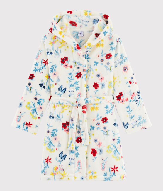 Fleece-Morgenmantel mit Blumenmuster für Mädchen weiss MARSHMALLOW/weiss MULTICO