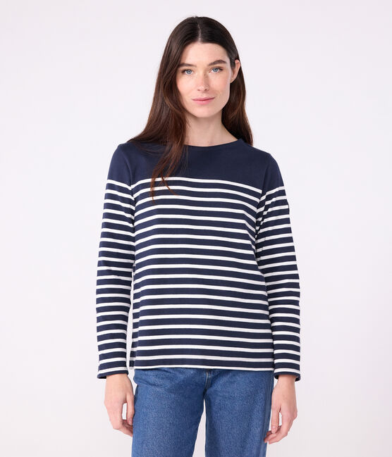 Langärmeliges Damen-Streifenshirt "Marinière" aus Baumwolle blau SMOKING/weiss MARSHMALLOW