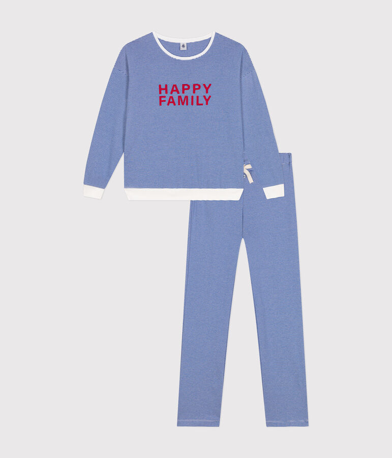 Damen-Pyjama aus gestreifter Baumwolle blau/weiss