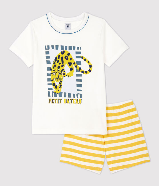 Kinder-Kurzpyjama aus Baumwolle mit Panthermotiv für Jungen weiss MARSHMALLOW/gelb OCRE