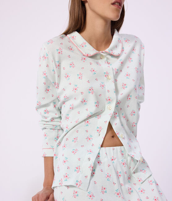 Damen-Pyjama aus gemusterter Baumwolle mit Knopfverschluss weiss MARSHMALLOW/weiss MULTICO