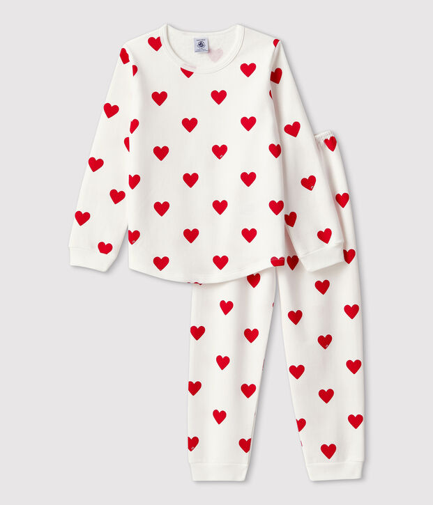 Kinderpyjama aus Molton mit Herzmotiv weiss/rot