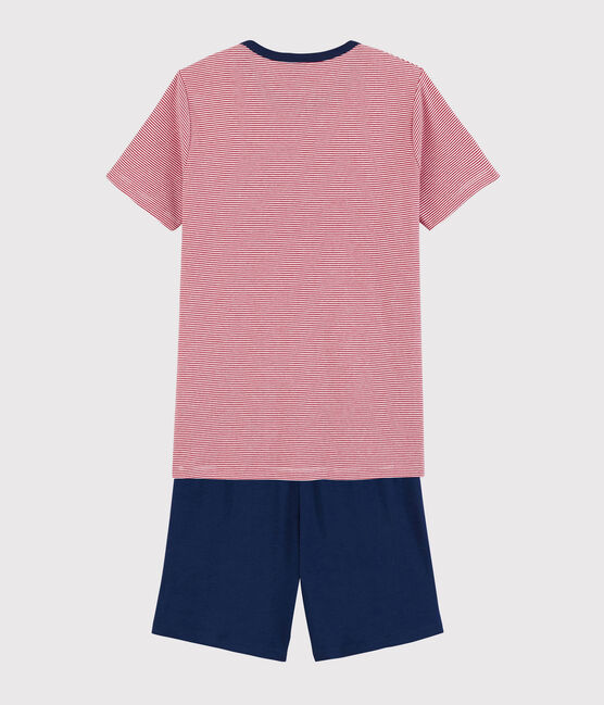 Kinder-Kurzpyjama aus Rippstrick mit roten Streifen blau MEDIEVAL/weiss MULTICO