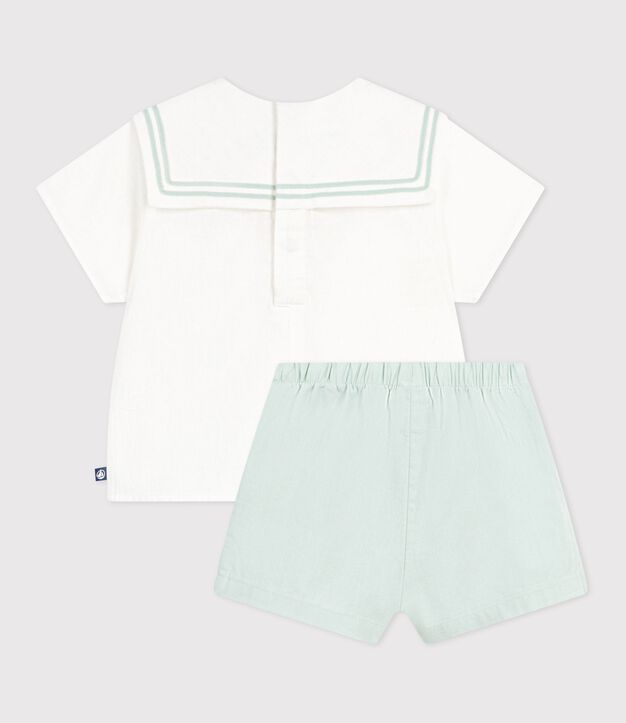 2-teiliges Baby-Set aus Baumwolle/Leinen, Oberteil mit Matrosenkragen weiss/blau