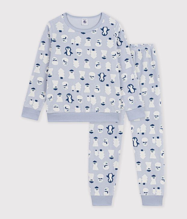 Kinder-Pyjama aus Nicki mit Schneemann-Motiv blau/vielfarbig
