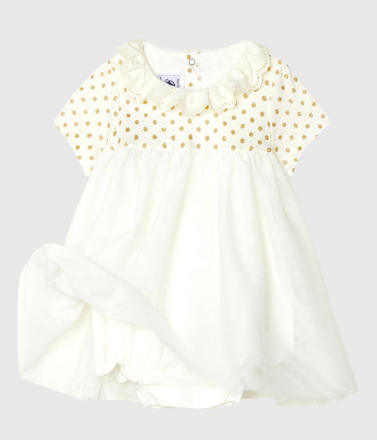 Baby-Bodykleid aus Baumwollleinen f&uuml;r M&auml;dchen weiss/gelb