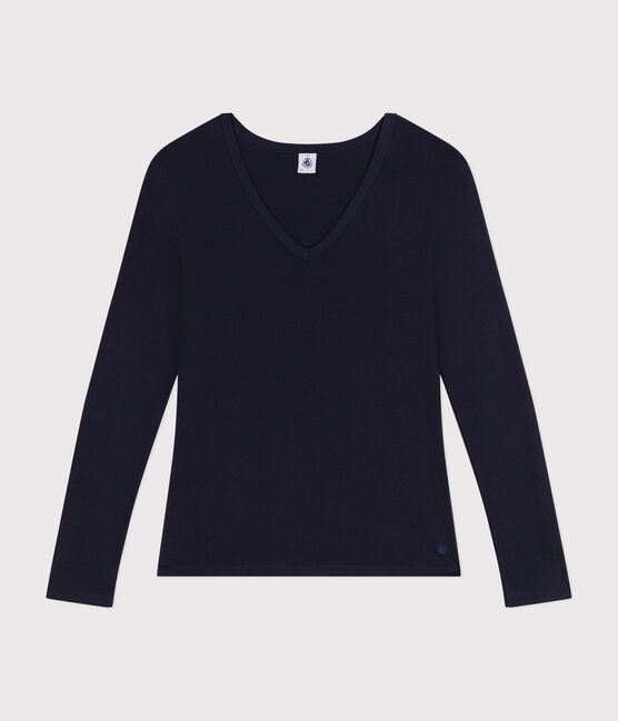 Langärmeliges Damen-T-Shirt L'Iconique aus einfarbigem Rippstrick blau SMOKING