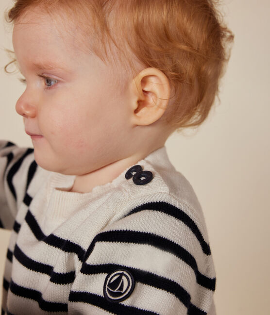 Baby-Pullover aus Woll- und Baumwollstrick weiss MARSHMALLOW/blau SMOKING