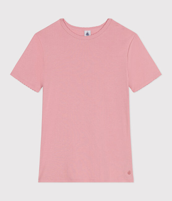 Damen-T-Shirt L’ICONIQUE aus einfarbiger Baumwolle mit Pikotkante rosa CHARME