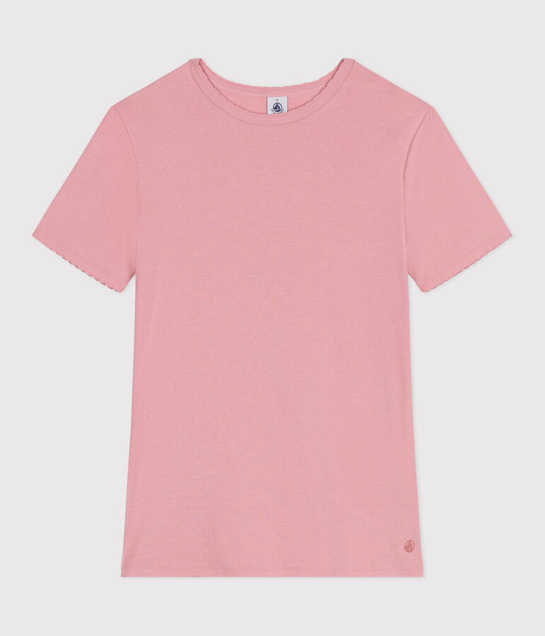 Damen-T-Shirt L&rsquo;ICONIQUE aus einfarbiger Baumwolle mit Pikotkante rosa CHARME