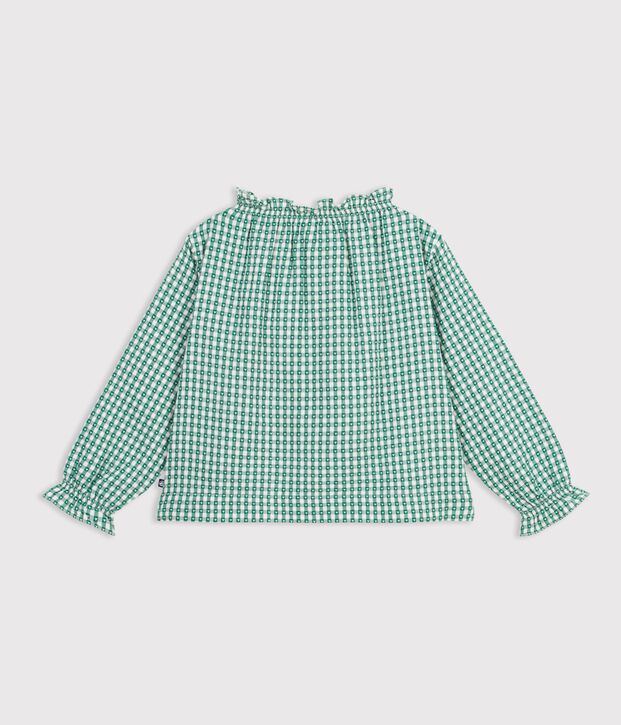 Lang&auml;rmelige Kinder-Bluse aus Baumwolle mit Kragen und Muster gr&uuml;n/weiss