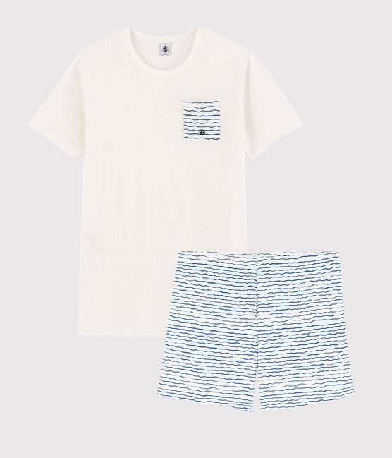 Kinder-Kurzpyjama aus Rippstrick in Weiß und Blau weiss MARSHMALLOW/blau COOL