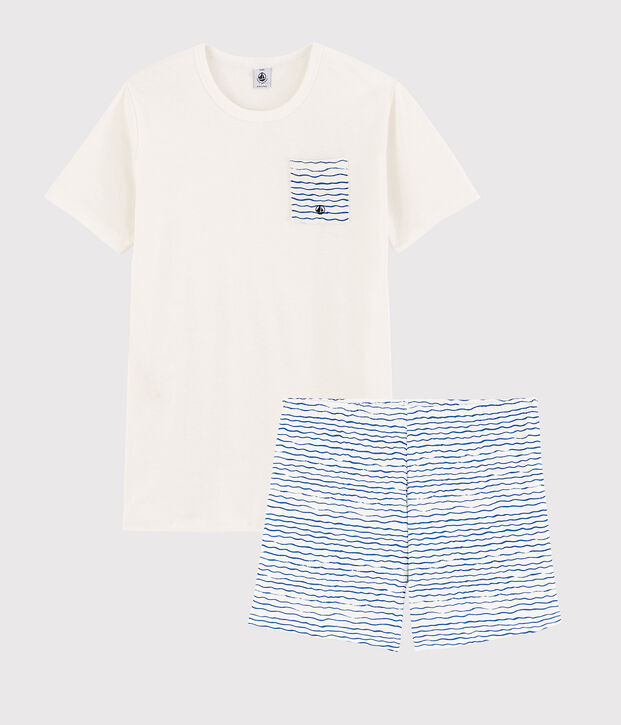 Kinder-Kurzpyjama aus Rippstrick in Wei&szlig; und Blau weiss/blau