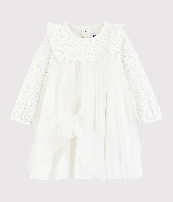 Langärmeliges Baby-Kleid für Mädchen weiss MARSHMALLOW/grau ARGENT