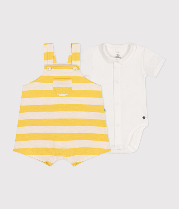 Baby-Latzhosen-Kombination aus geflammtem Jersey gelb/naturfarben