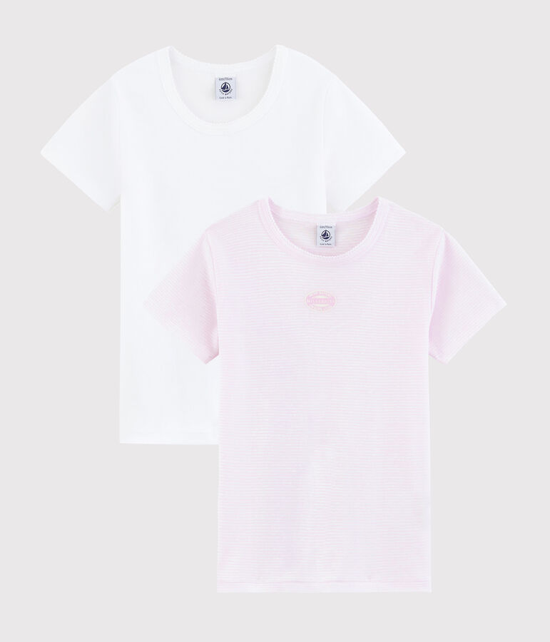 Set mit 2 kurz&auml;rmeligen T-Shirts aus Rippstrick mit rosa Ringelmuster f&uuml;r kleine M&auml;dchen vielfarbig